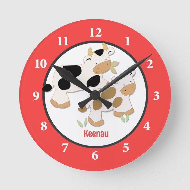 Baby Moo Cow Farm Personalized Wall Clock Red (Front)