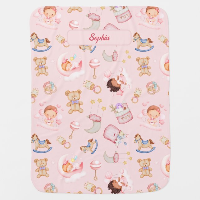 Baby Moon Star Bear Toys Themed Personalized Baby Blanket (Front)