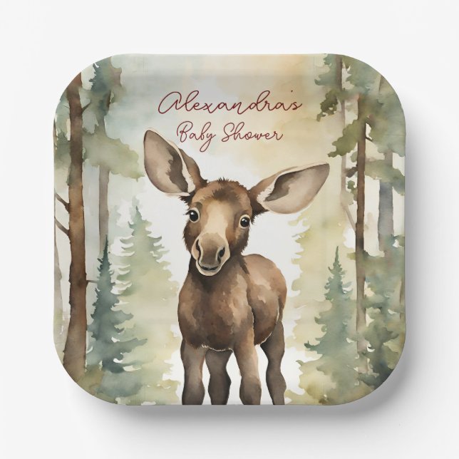 Baby Moose Gender Neutral Baby Shower Paper Plates (Front)