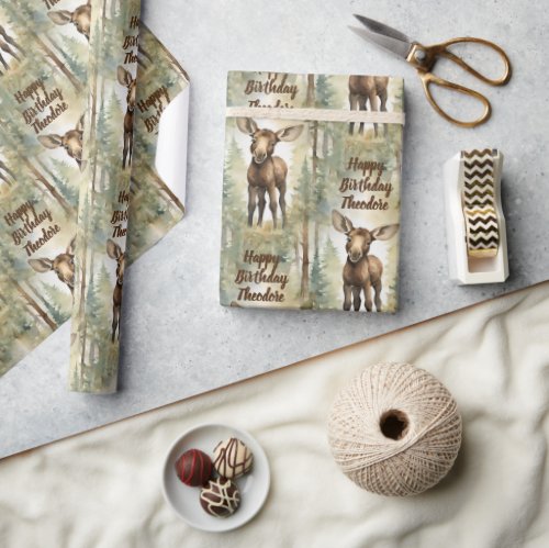 Baby Moose Personalized Neutral Birthday Wrapping Paper