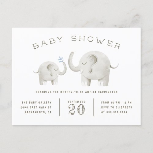 Baby  Mother Elephant Gender Neutral Baby Shower Invitation Postcard