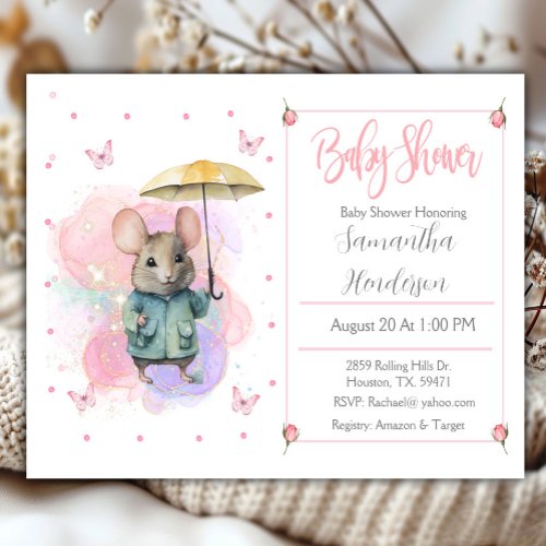 Baby Mouse Pastel Watercolor Baby Shower  Invitation
