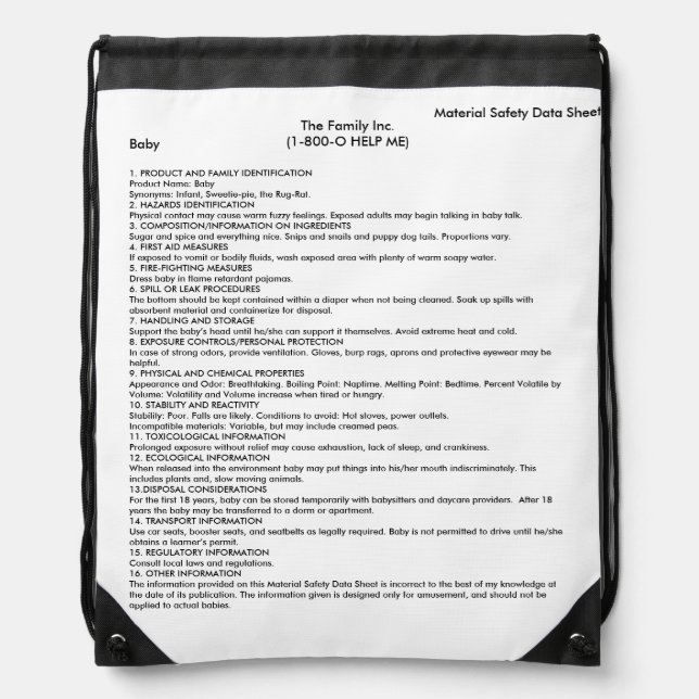 Baby MSDS / SDS diaper bag (Front)