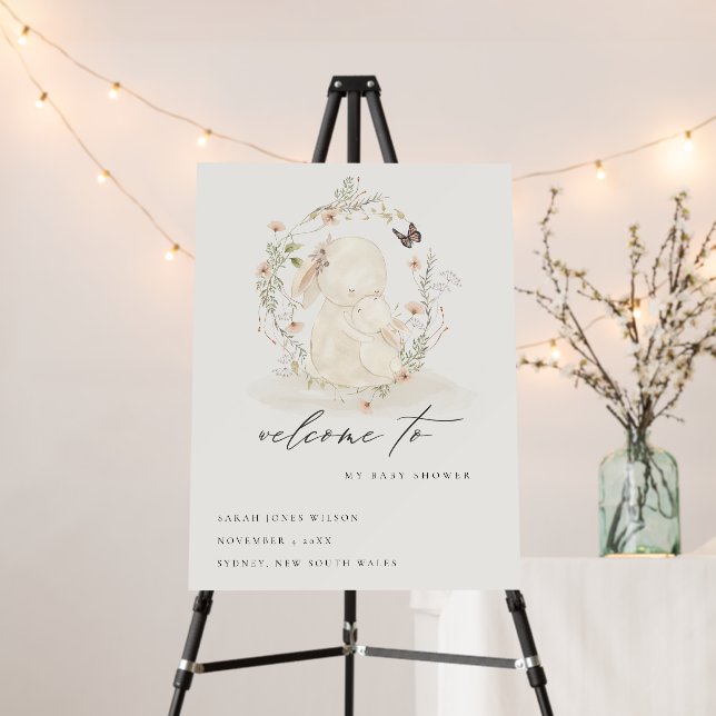 Baby Mum Bunny Floral Wreath Baby Shower Welcome Foam Board (In Situ (Stand))