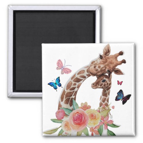 Baby  Mum Giraffe With Butterflies Magnet