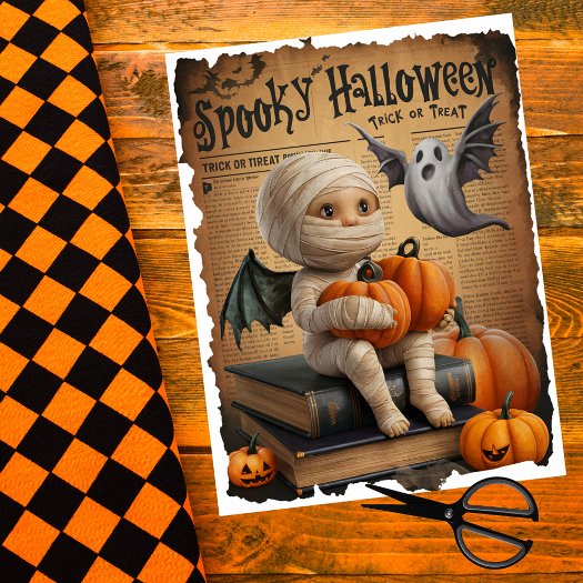 Baby Mummy Ghost Vintage Halloween Newspaper Style