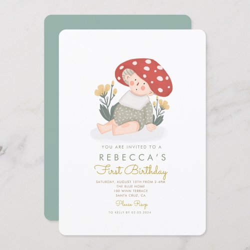 Baby mushroom Woodland Forest First Birthday Invitation