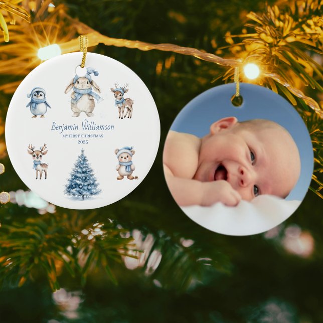 Baby My 1st Christmas Custom Woodland Blue Ceramic Ornament (Creator Uploaded)