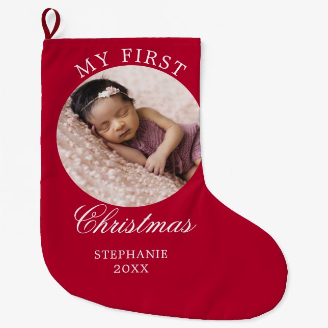 Baby My First Christmas Custom Photo Red Large Christmas Stocking (Front)