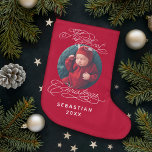 Baby My First Christmas Custom Text Photo Elegant Large Christmas Stocking<br><div class="desc">Dark red design with vintage typographic Merry Christmas text. 
Personalized photo and text.
Discover more elegant xmas creations in my Stores on Zazzle!</div>