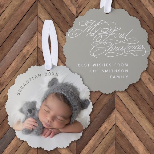 Baby My First Christmas Custom Text Photo Elegant Ornament Card