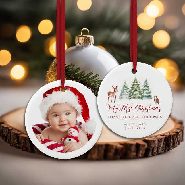 Baby My First Christmas Deer Owl Woodland Photo  Ceramic Ornament (baby my first christmas ornament woodland deer owl trees baubles photo template red calligraphy)