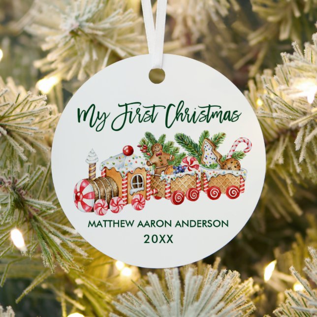 Baby My First Christmas Gingerbread Train Green Metal Ornament (Insitu)