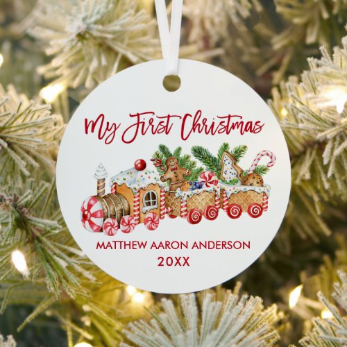 Baby My First Christmas Red Gingerbread Train Metal Ornament