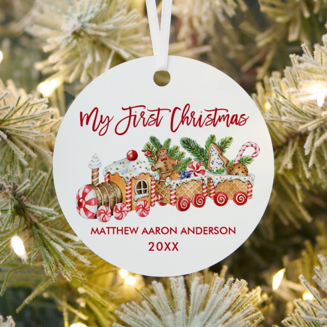 Baby My First Christmas Red Gingerbread Train Metal Ornament (Insitu)