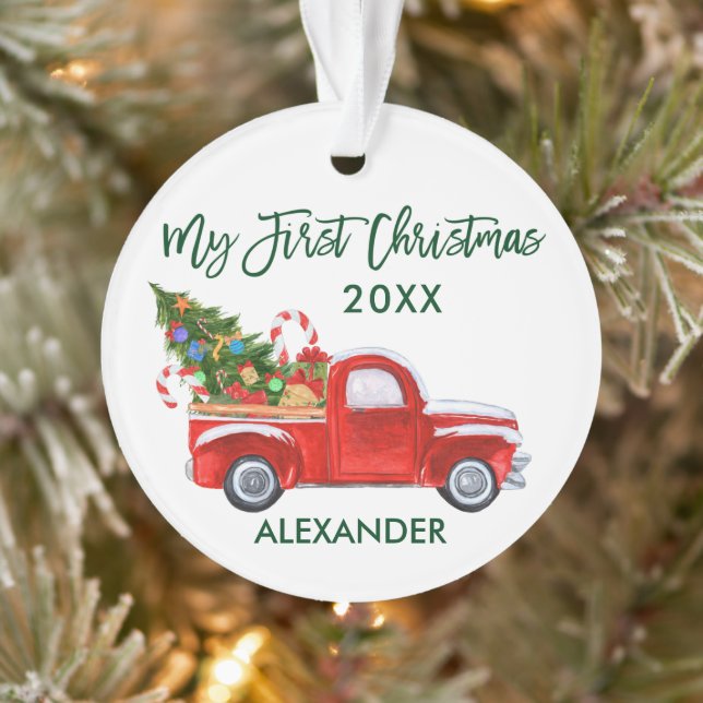 Baby My First Christmas Red Truck Green Script Ornament (Tree)