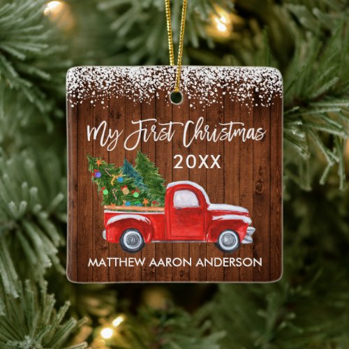Baby My First Christmas Red Truck Wood Snow  Ceramic Ornament