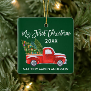 Baby My First Christmas Vintage Red Truck Green Ceramic Ornament