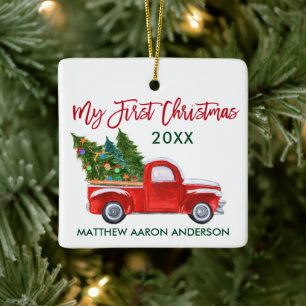 Baby My First Christmas Vintage Truck Red Green Ceramic Ornament