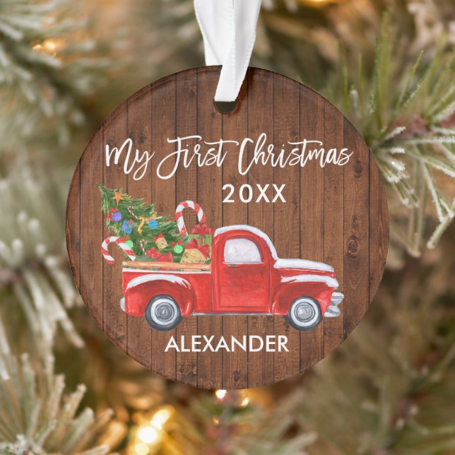 Baby My First Christmas Wood Candy Canes Red Truck Ornament (Tree)