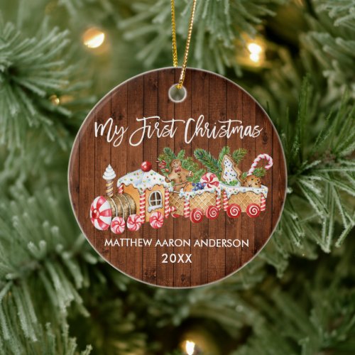 Baby My First Christmas Wood Gingerbread Train Ceramic Ornament