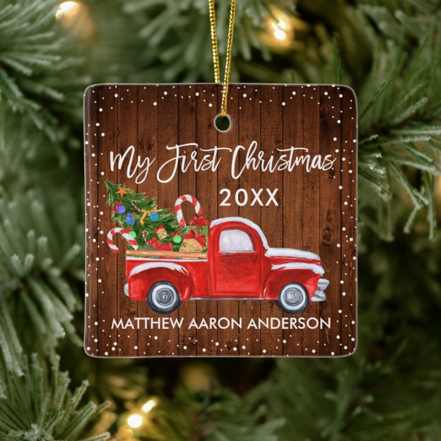 Baby My First Christmas Wood Red Truck Snow Ceramic Ornament (Tree)