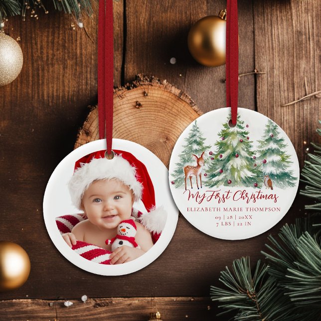 Baby My First Christmas Woodland Owl Deer Photo  Ceramic Ornament (baby my first christmas ornament woodland deer owl frozen wonderland photo template red calligraphy)