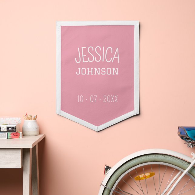 Baby Name and Birthdate - pink and white Pennant (Insitu 2)