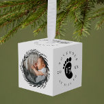 Baby Name & Birth Stats Footprint & Photo Wreath Cube Ornament<br><div class="desc">Minimal and modern simple baby photos & birth Stats keepsake photo cube ornament. The design features a simple minimal design with a floral wreath photo design to display your special baby photo on the front and back. The Baby's Name, date, time, and birth stats are displayed in a simple modern...</div>