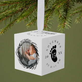 Baby Name & Birth Stats Footprint & Photo Wreath Cube Ornament
