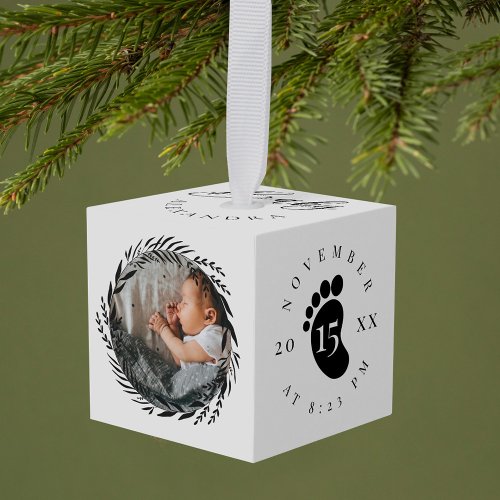 Baby Name  Birth Stats Footprint  Photo Wreath Cube Ornament