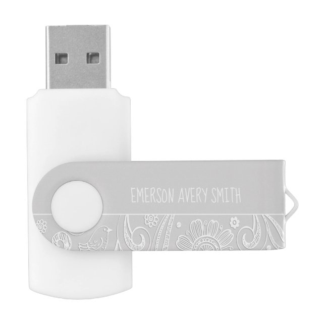 Baby NAME BIRTHDATE Grey Whimsical Photos Flash Drive (Opened)
