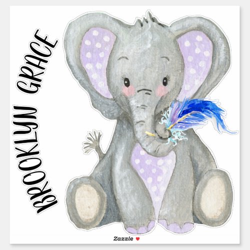 Baby Name Cute Adorable Feather Lavender Elephant Sticker