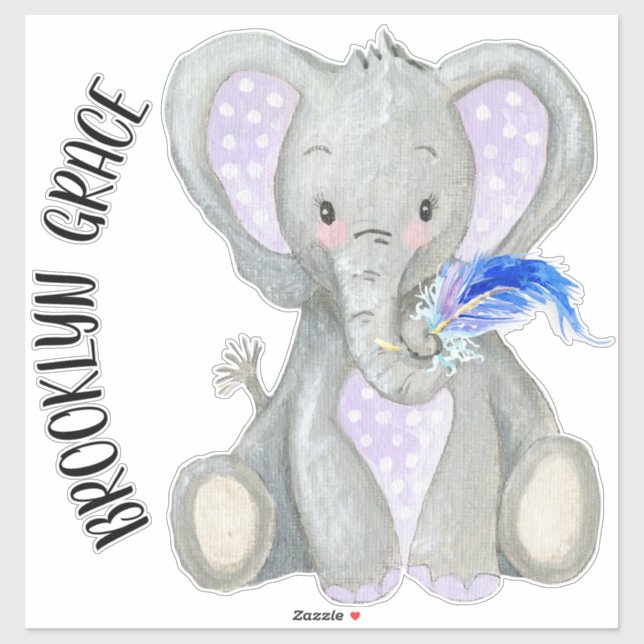 Baby Name Cute Adorable Feather Lavender Elephant Sticker (Sheet)