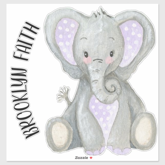 Baby Name Cute Adorable Painted Lavender Elephant Sticker (Sheet)
