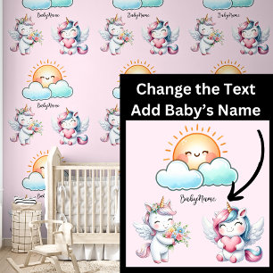 Baby Name, Cute Unicorns Sun Flowers Heart on Pink Wallpaper