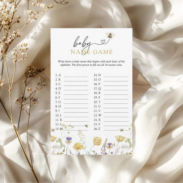 Baby Name Game Bee Wildflower Baby Shower Game Flyer (baby name game mama to bee wildflowers baby shower fun funny meadow garden outdoor)