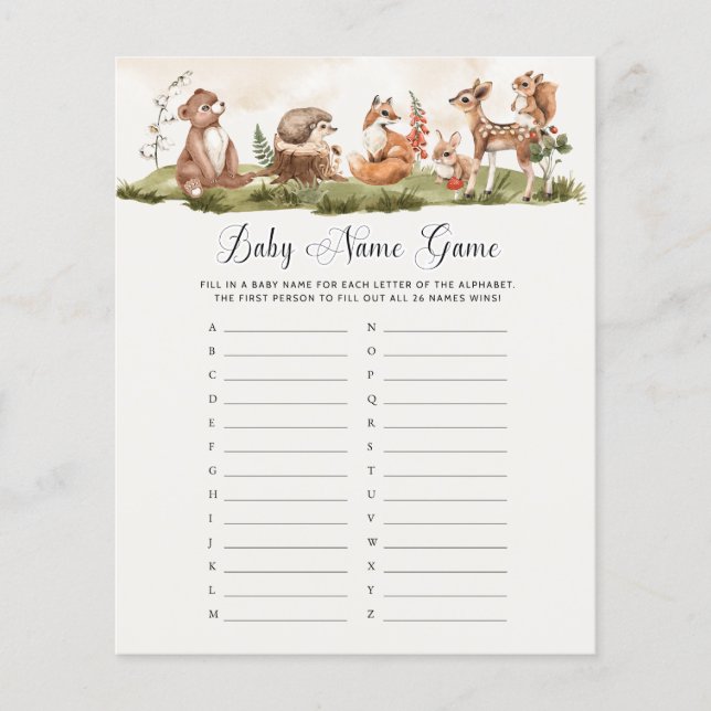 Baby Name Game Woodland Animal Themed (Front)