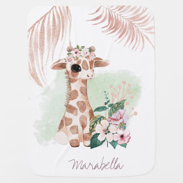 *~* Baby Name Giraffe Rose Gold Girl Jungle Sweet Blanket (Front)