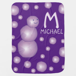 Baby Name Initial Purple Snowman 3D Ball Moon Dots Blanket
