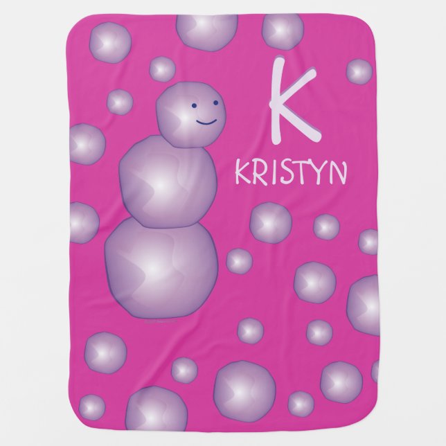 Baby Name Initial Purple Snowman 3D Ball Spot Dots Baby Blanket (Front)