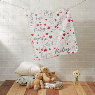 Baby Name Initials and Red Hearts White Blanket