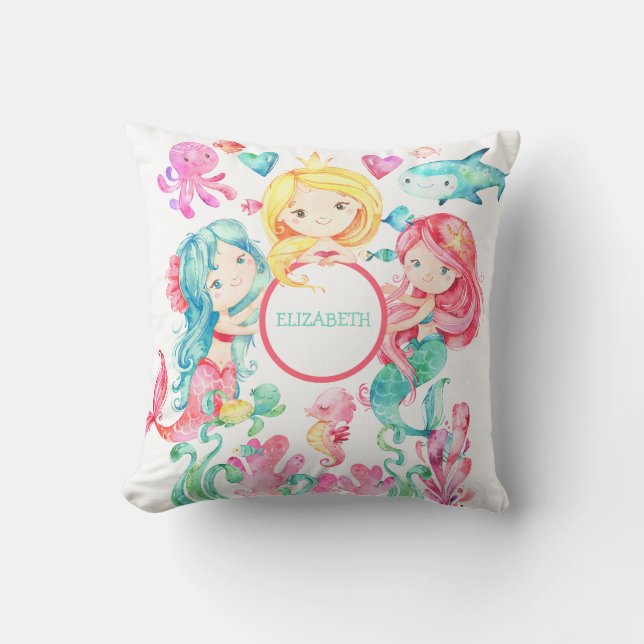 Baby Name Mermaids Under the Sea Cute Nursery Throw Pillow (Front)