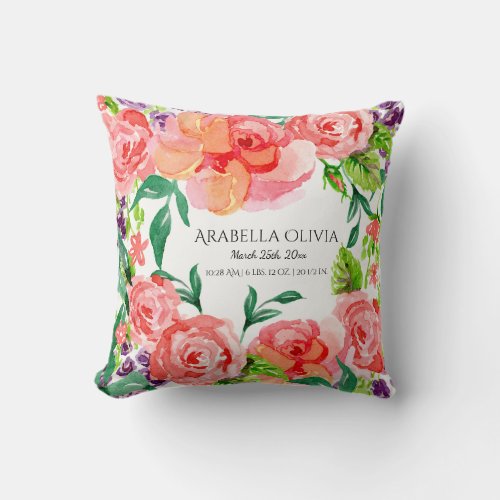 Baby Name Modern Watercolor Hot Pink Rose Floral Throw Pillow