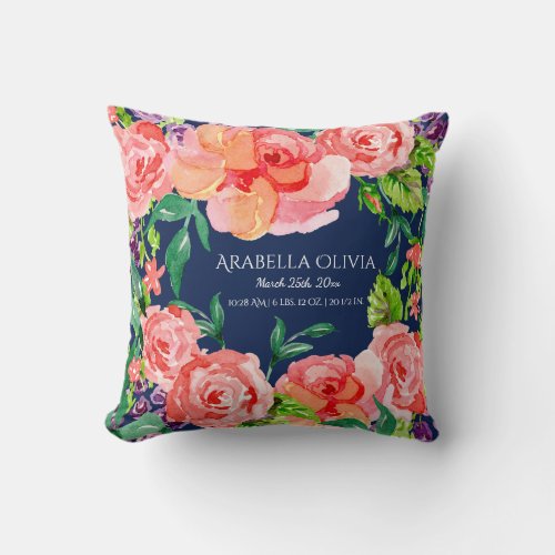 Baby Name Modern Watercolor Navy  Floral Stripe Throw Pillow