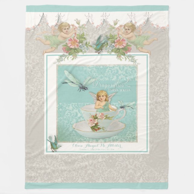 Baby Name Personalized Crib Fairy Teacup Dragonfly Fleece Blanket (Front)