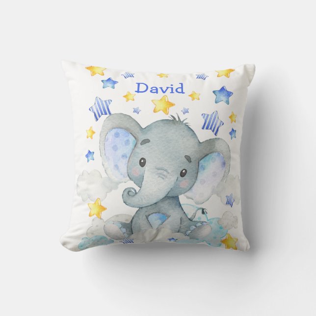 Baby Name Personalized Elephant Cute Nursery Throw Pillow (Front)