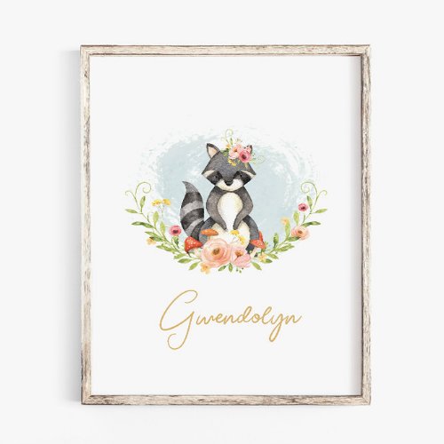 Baby Name Raccoon Cute Animals Woodland Nursery Poster