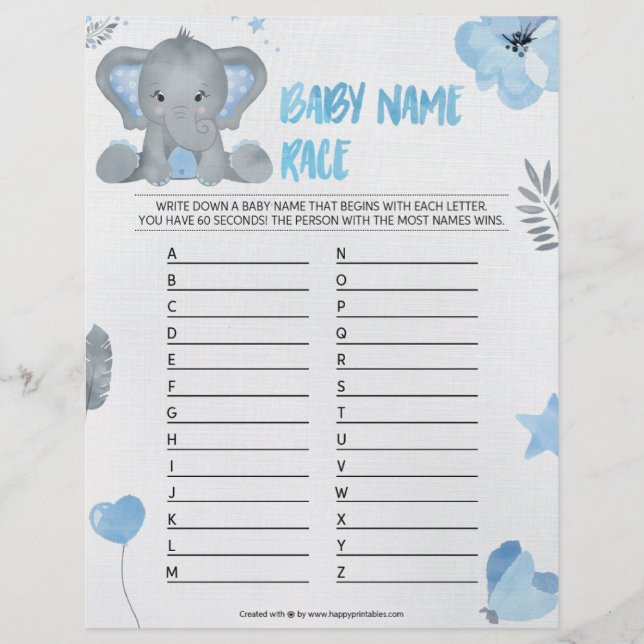 Baby Name Race [Baby Elephant [Blue] Letterhead (Front)