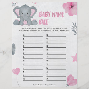 Baby Name Race [Baby Elephant [Pink]] Letterhead